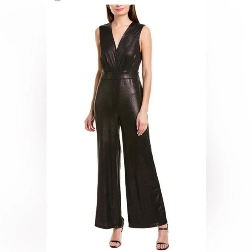 BCBGeneration Womens Metallic‎ Black Wide Leg Surplice V-Neck Jumpsuit Small